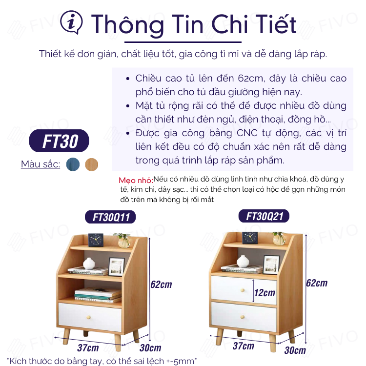 Kệ Tủ Đầu Giường Gỗ Nhiều Ngăn FIVO Mẫu FT30 Phong Cách Châu Âu Sang Trọng, Phù Hợp Cho Mọi Kiểu Nhà, Sản Phẩm Nội Thất Lắp Ráp Thông Minh - Hàng chính hãng