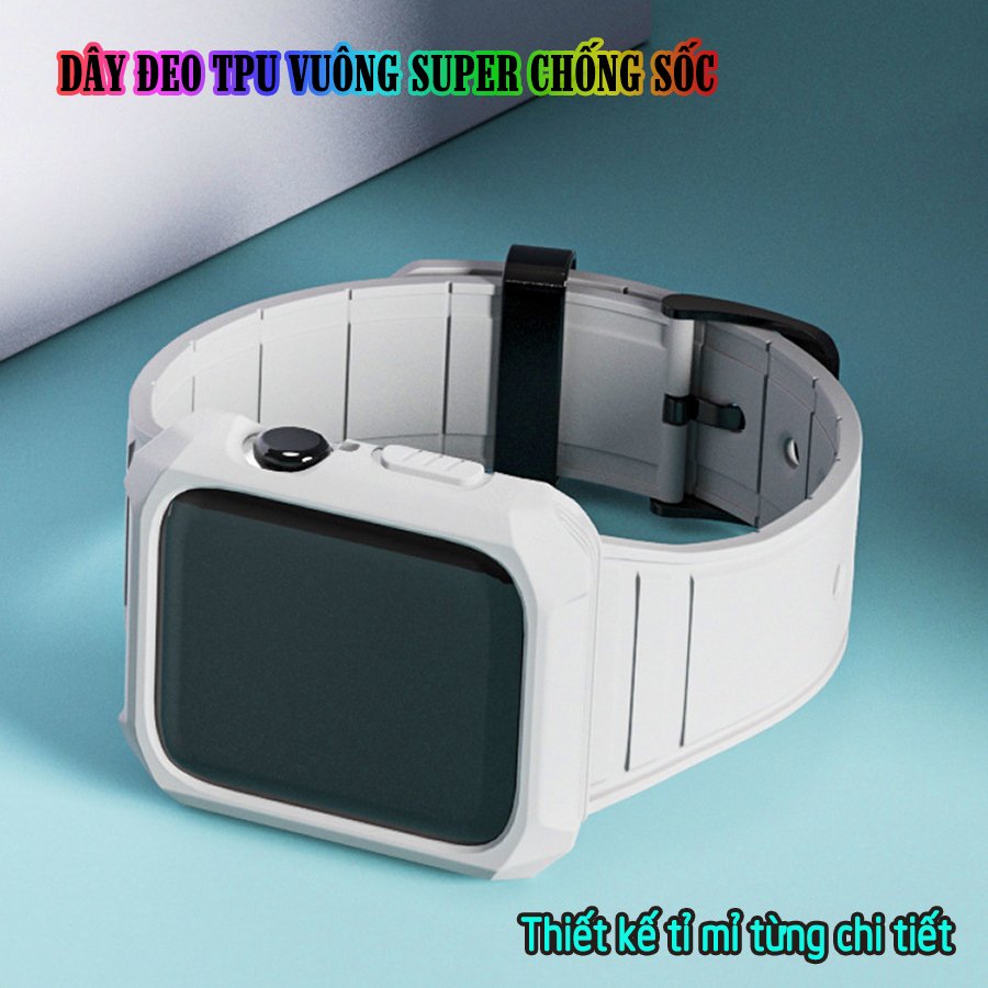 Dây Đeo liền ốp cho Apple Watch size 38/40/42/44mm TPU vuông SUPER chống sốc_Trắng (tặng dán KCL theo size)