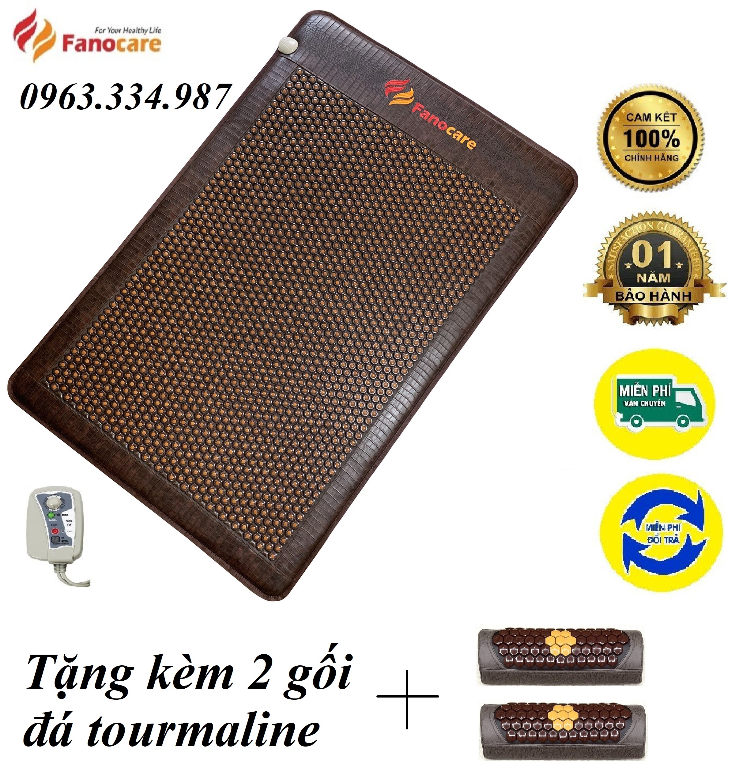 Thảm/Nệm đá nhiệt nóng Fanocare KT 1m2x1m9x3.5cm đá lục giác mắt ngọc kèm sóng siêu dài