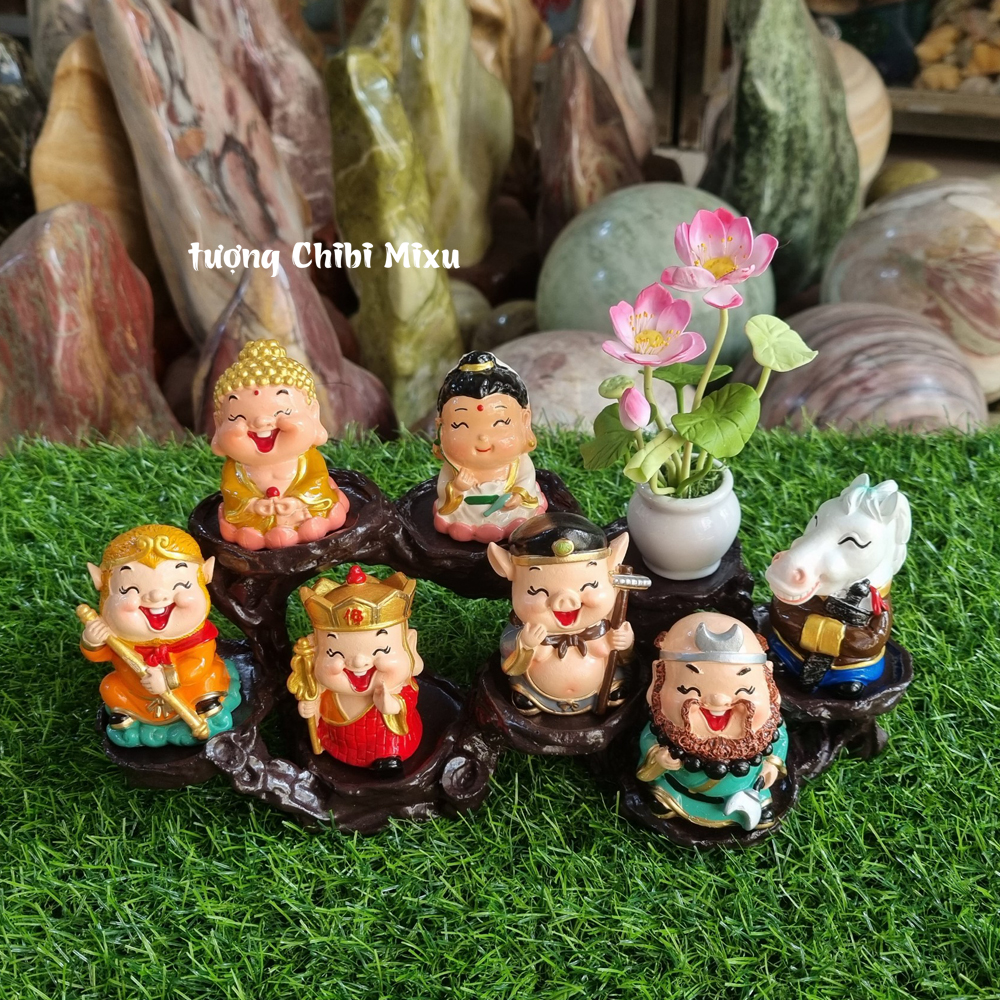 Bộ 07 tượng Tây Du Ký kèm chậu hoa sen và chân đế 08 ô y hình