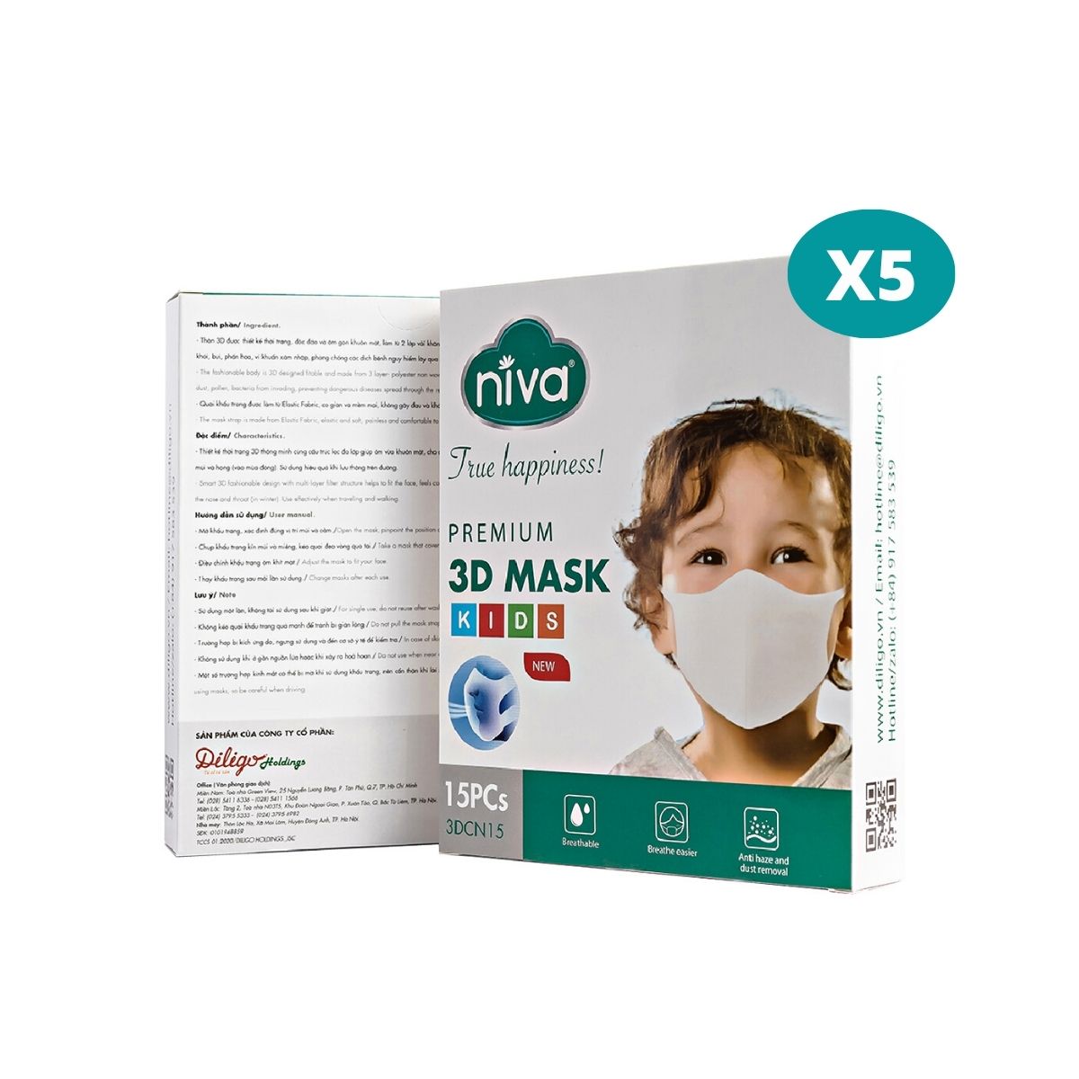 Combo 05 Khẩu Trang 3D Trẻ Em Niva Hộp 15 Cái Cấu Trúc 3 Lớp Ngăn Bụi Mịn Kháng Khuẩn Hàng Chính Hãng Cao Cấp Cho Bé Từ 1-6 Tuổi