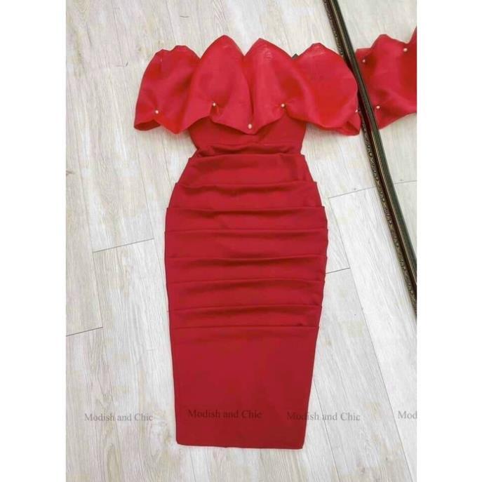 TBO- Đầm Nữ Ôm Body Phối Voan Kiếng Xếp Ly Kết Cườm (Có Mút Ngực) thời trang Tasa