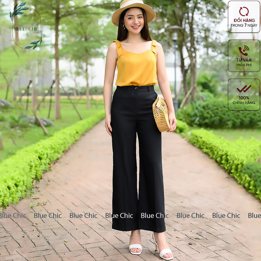 Quần ống rộng Blue Chic lưng cạp cao baggy vải nữ dài suông loe culottes xuông màu đen
