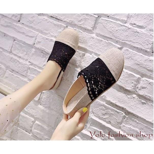 GL8 Giày lười slip on nữ phối ren vintage thời trang kèm hình thật