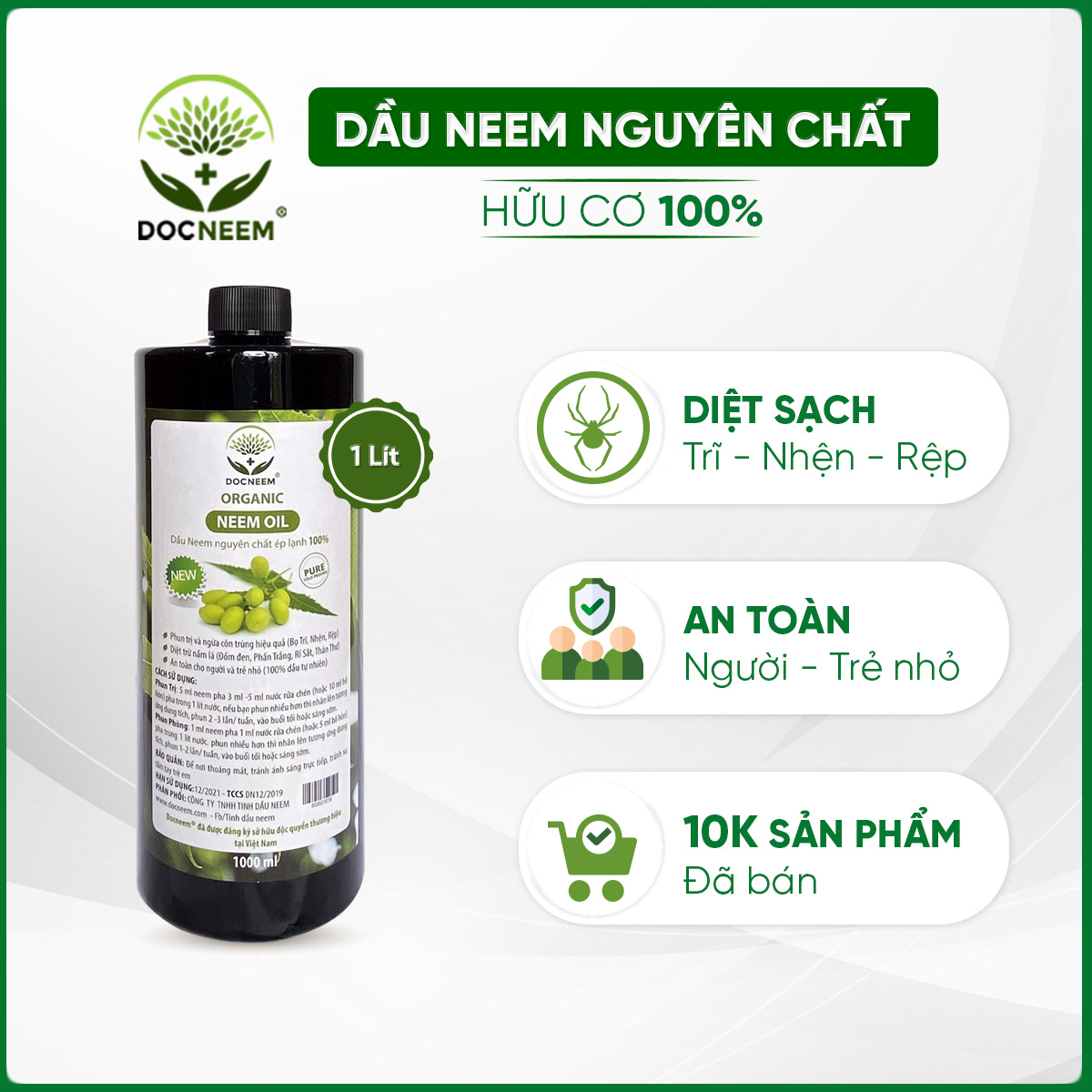 Neem oil nguyên chất DOCNEEM hữu cơ an toàn, phòng trị sâu bệnh hoa hồng, phong lan, cây cảnh, ép lạnh 1 Lít