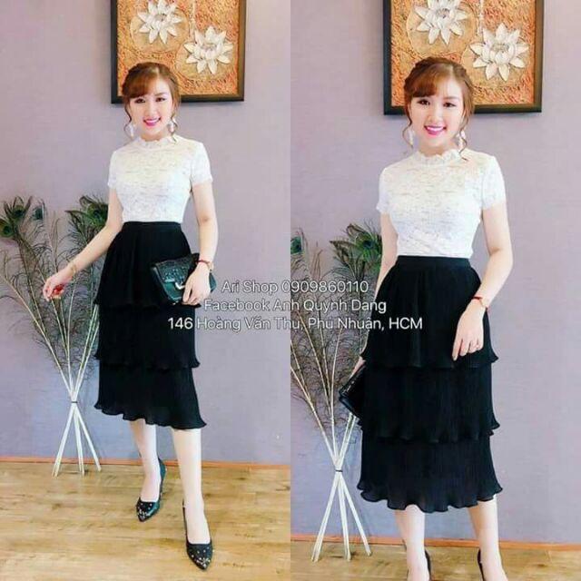 Đầm cổ cao voan 3 tầng dài