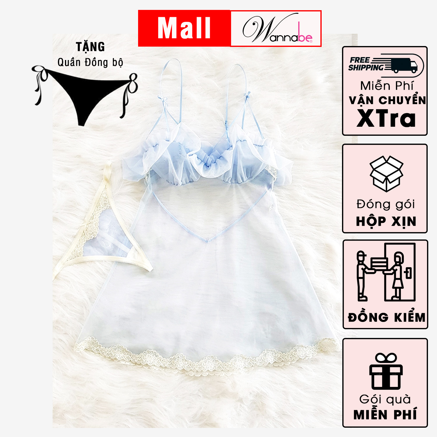Đầm ngủ sexy Wannabe DNC09 nhún bèo ngực, cut-out lưng gợi cảm quyến rũ