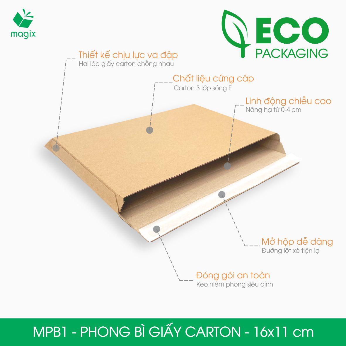 MPB1 - 16x11 cm - 100 phong bì carton đóng hàng - Bìa gói hàng, bìa cứng, bì thư | Magix Packaging