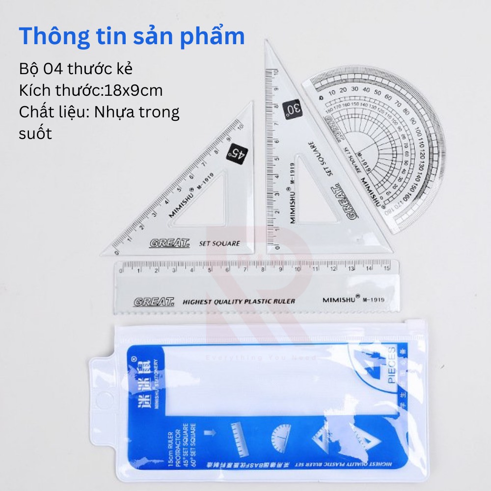 Bộ 4 thước hình học / bộ thước toán học nhựa cho học sinh- sinh viên