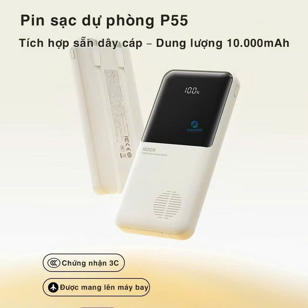 Pin sạc dự phòng Rock P55 Rockspace 10.000mAh tích hợp dây sạc - hàng chính hãng bảo hành 12 tháng