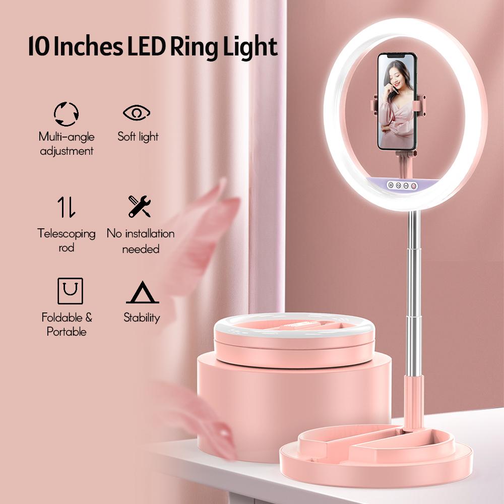 Đèn LED Selfie 10 inch với chân đế Giá đỡ điện thoại có thể xoay 360 độ 3 Ánh sáng
