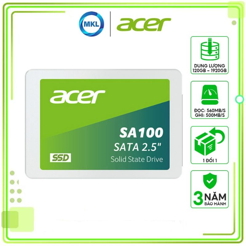 Ổ cứng SSD Acer SA100 SATA lll dung lượng tối đa 1.92TB tốc độ đọc tối đa 560 MB/s - Hàng chính hãng