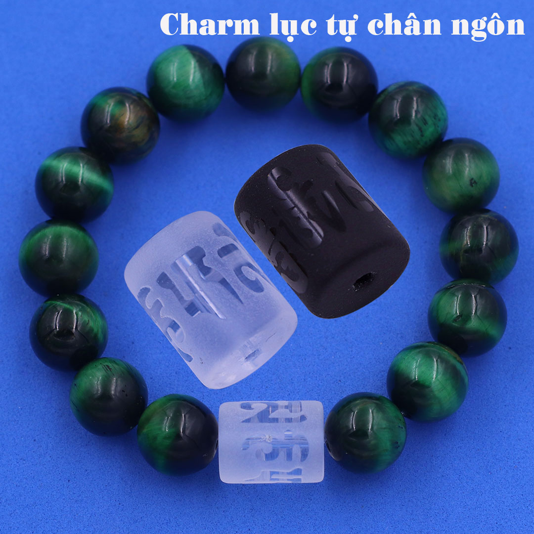Vòng chuỗi đeo tay đá mắt hổ charm lục tự Đại minh chân ngôn, 10 ly, Om Mani Padme Hūm, Chân ngôn Lục tự