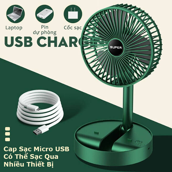 Quạt tích điện mini để bàn gấp gọn Super Fan có thể điều chỉnh độ cao, 3 tốc độ gió, sạc micro USB có giá đỡ điện thoại