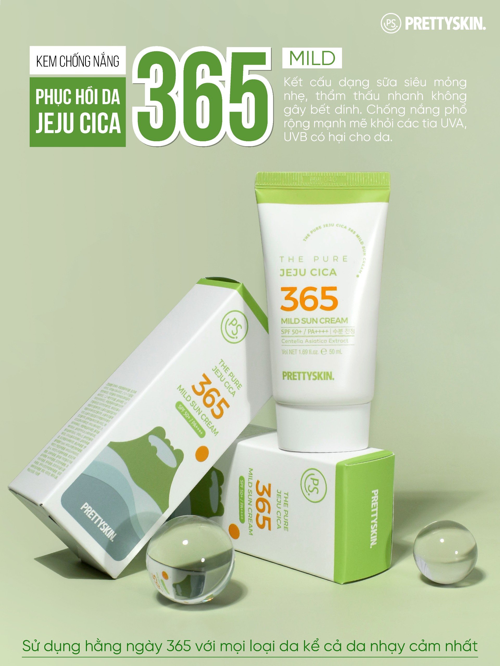 Kem chống nắng nâng tông, kháng nước 365 Pretty Skin The Pure Jeju Cica 365 Mild Sun Cream