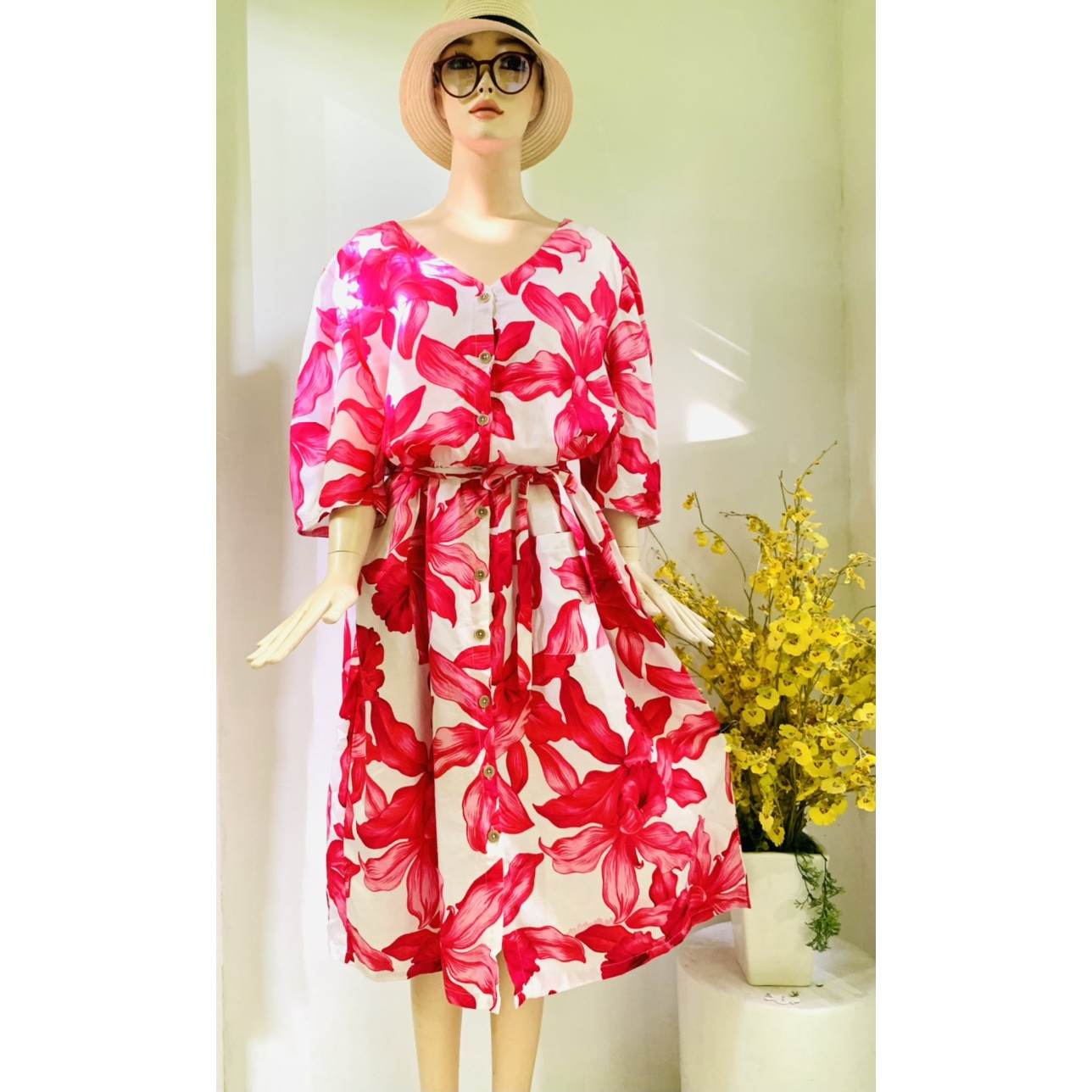 Đầm linen bigsize hoa hồng