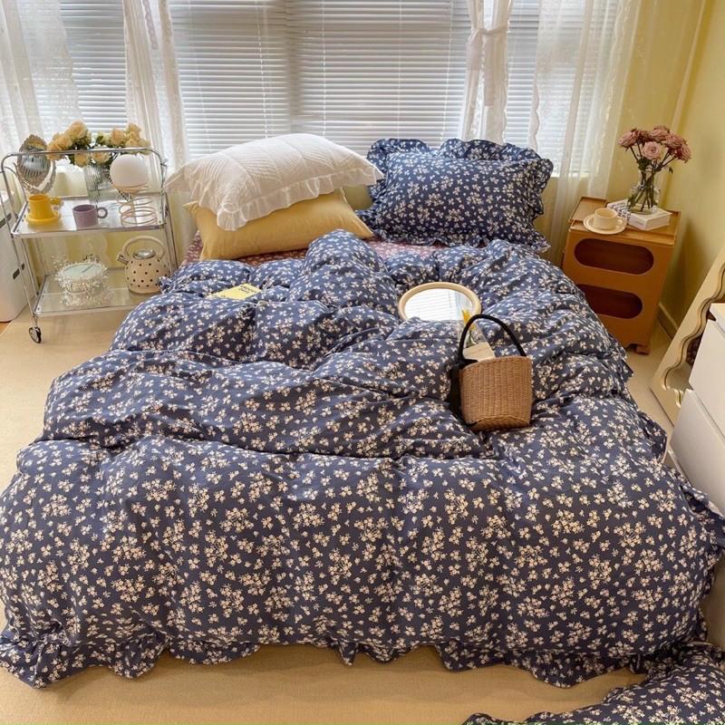 Set Cotton Hàn Quốc Bèo Ren 100%cotton Hàng Nhập Khẩu Cao Cấp 4 Món Hoa Nhí Xanh