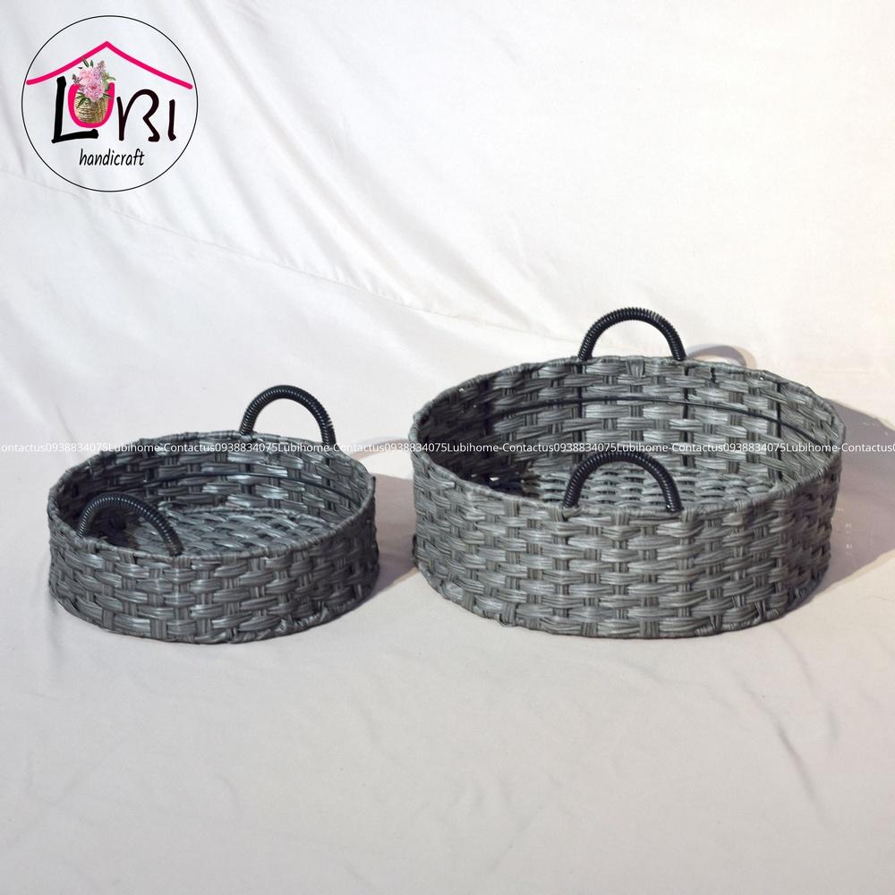 Lubihandicraft - Khay tròn đựng đồ đan dây nhựa quai cầm đen - xinh xắn
