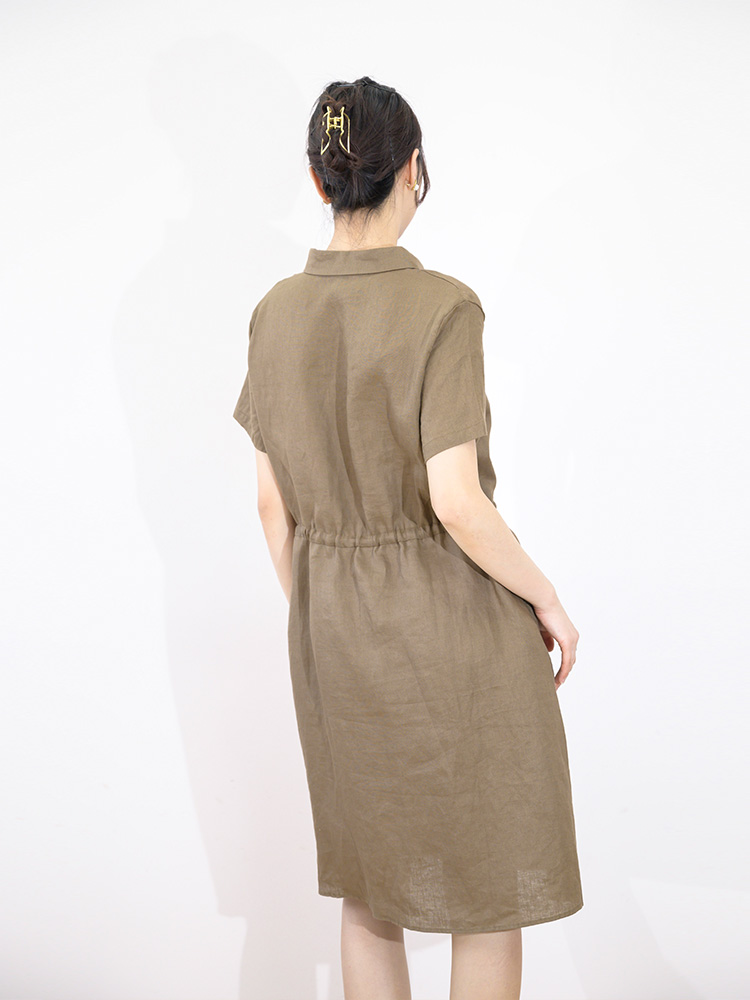 Đầm Linen Suông Tay Hến Rút Eo, Váy Sơ Mi Nữ Có Túi Hông Màu Nâu Vintage ARCTIC HUNTER