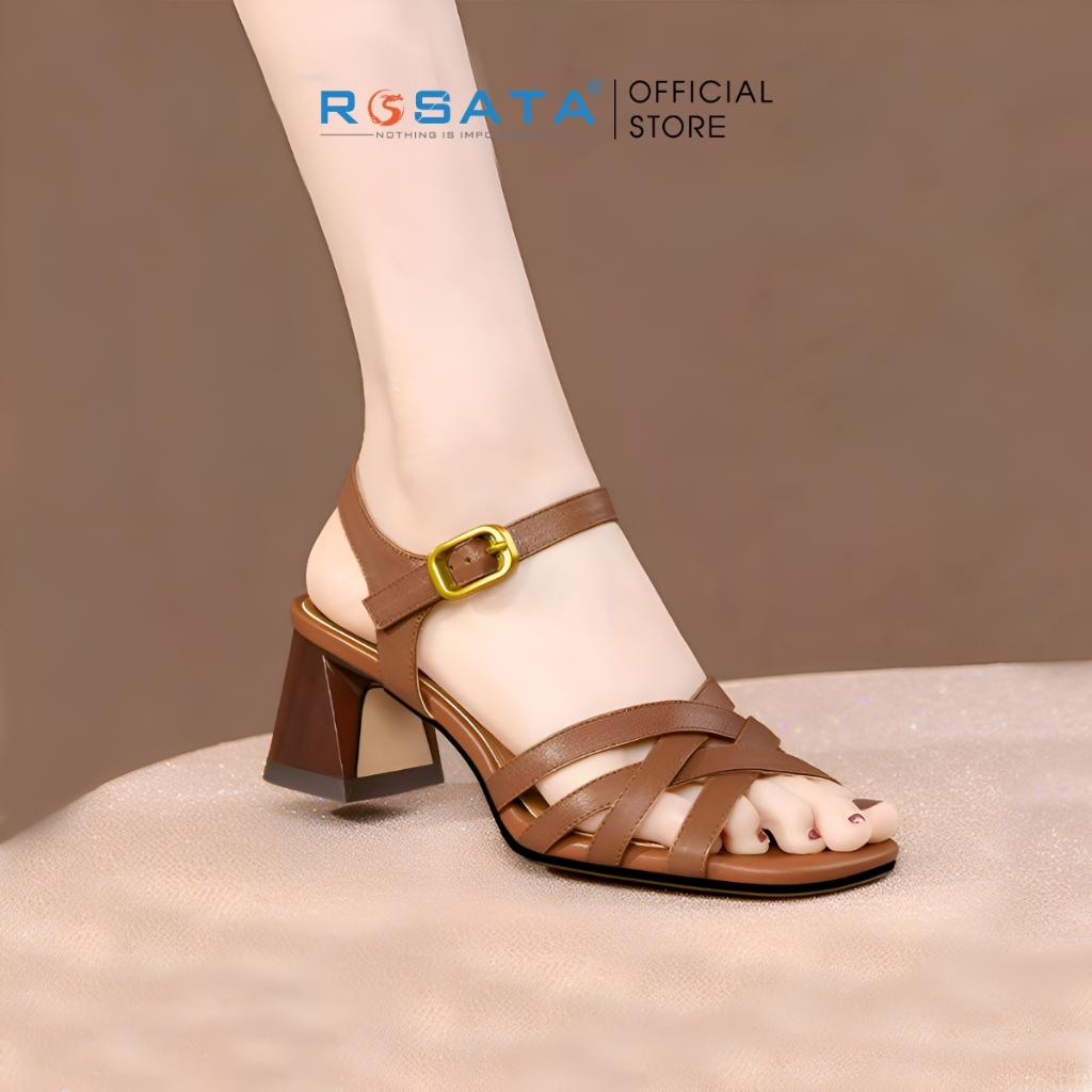 Giày sandal cao gót nữ ROSATA RO584 xỏ ngón phối dây mũi tròn quai hậu khóa cài dây mảnh gót vuông cao 5cm