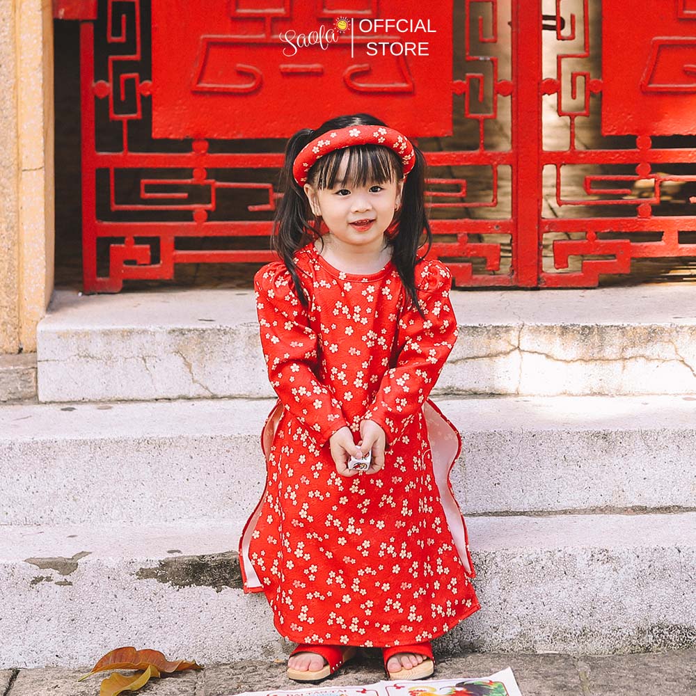 Áo Dài Tết Cách Tân Cho Bé Gái Hoạ Tiết Hoa Nhí  [Tặng Kèm Mấn] - Áo Dài &quot;Xuân&quot; - AD004 - SAOLA KIDS CLOTHING