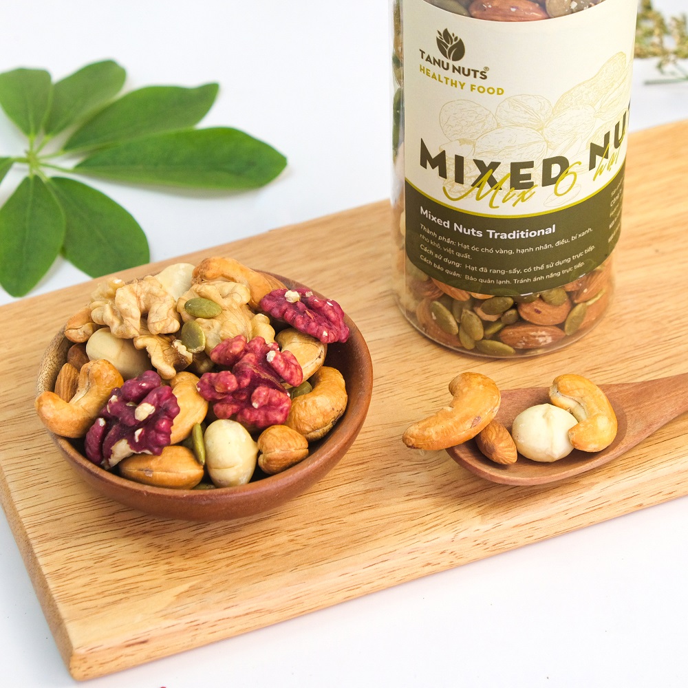 Hạt dinh dưỡng mix 6 loại TANU NUTS, hạt ngũ cốc cho bà bầu gồm macca, óc chó, hạnh nhân, bí xanh, điều