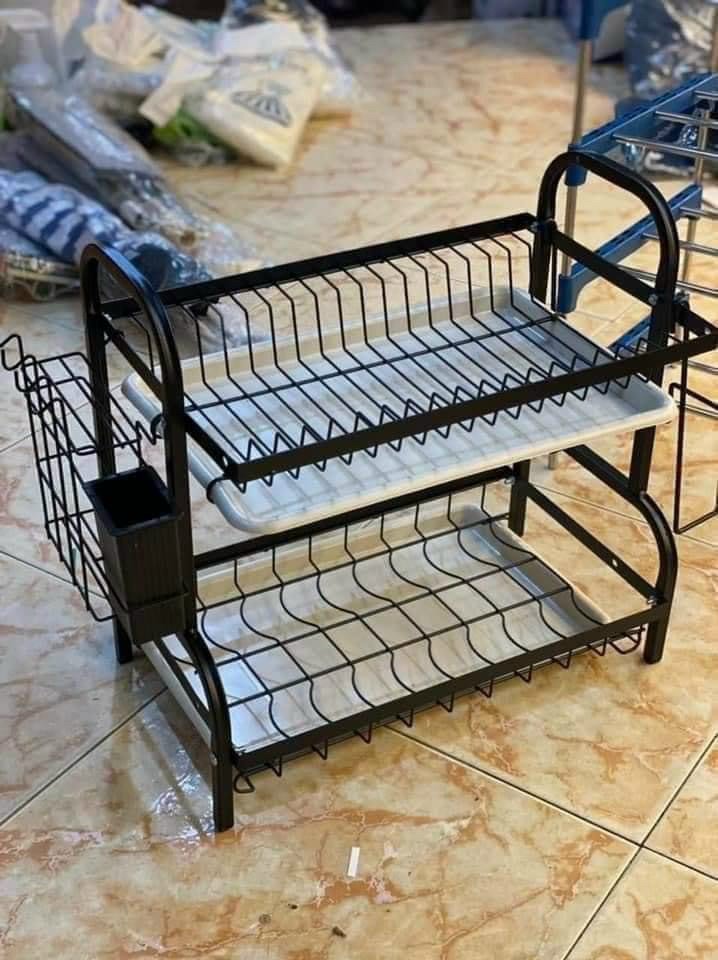 Bộ giá kệ để và sắp xếp chén bát đĩa gia đình đặt bàn thiết kế 2 tầng bằng sắt sơn tĩnh điện chống han gỉ có kèm khay hứng nước bằng nhựa