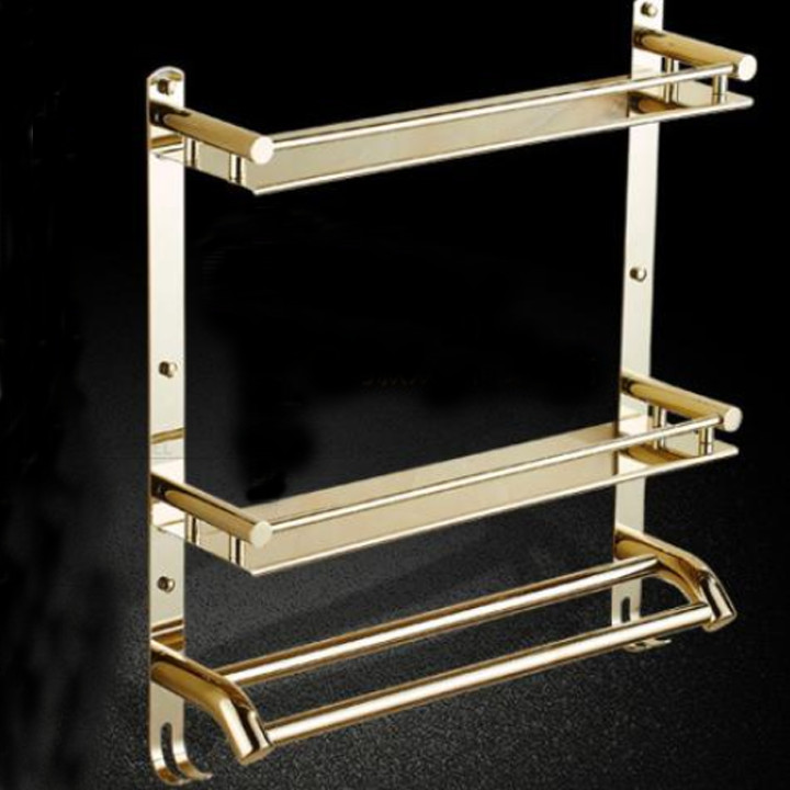 Kệ Giá Treo Khăn Nhà Tắm 3 tầng kèm khay inox mạ vàng PNK003
