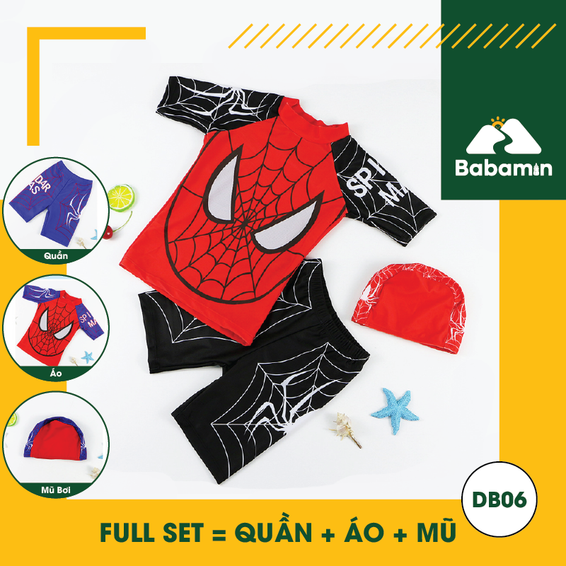 Đồ Bơi Trẻ Em Bé Trai 3 - 8 Tuổi - Babamin - Kèm Mũ - Họa Tiết Spider Man Ngộ Nghĩnh - DB06