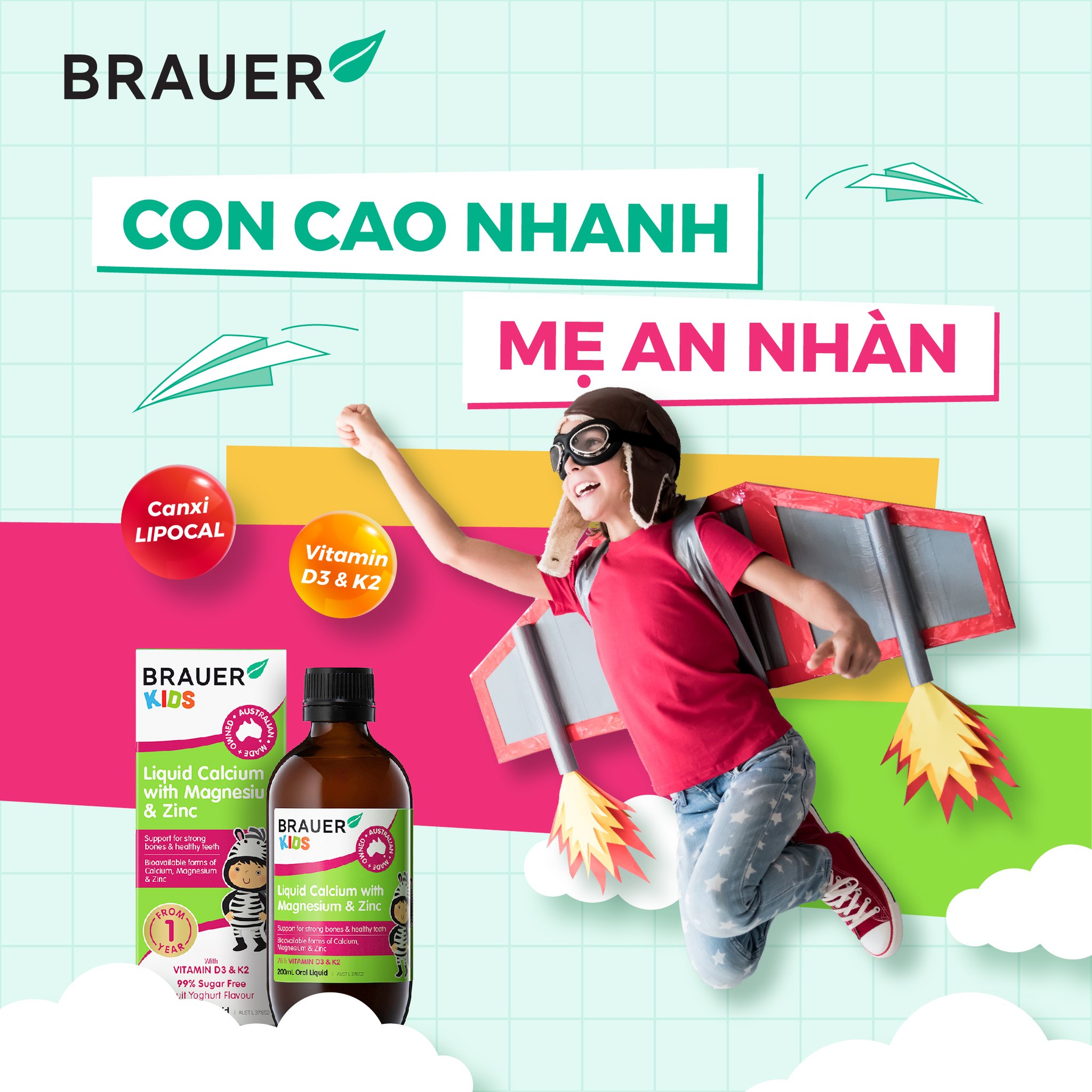 Calcium (canxi) hữu cơ, vitamin D3 cho trẻ sơ sinh, trẻ nhỏ Brauer Úc hỗ trợ phát triển chiều cao, cơ bắp, ngủ ngon, tăng hệ miễn dịch-OZ Slim Store