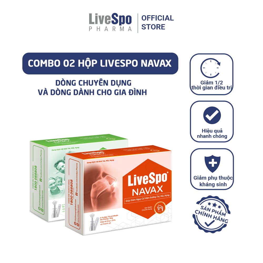 Combo Hộp nước muối sinh lý bào tử lợi khuẩn LiveSpo Navax Family - Dành cho gia đình 5 ống x 5ml + Hộp nước muối sinh lý bào tử lợi khuẩn Livespo Navax chuyên dụng - vệ sinh, phòng ngừa viêm nhiễm tai mũi họng 4 ống x 5ml