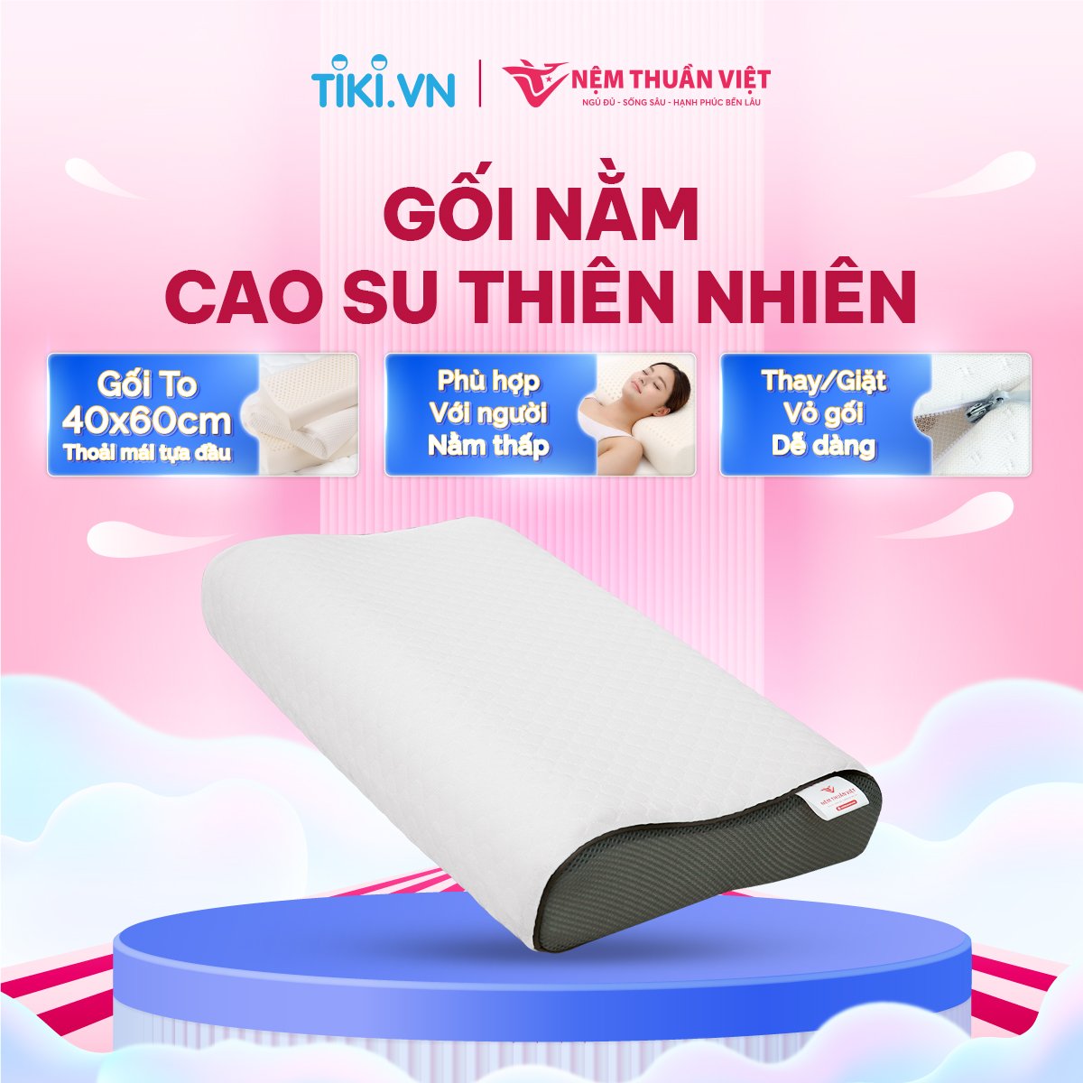 Gối ngủ cao su thiên nhiên người lớn NỆM THUẦN VIỆT, êm ái mềm mát hơn gối cao su non, hỗ trợ vai gáy ngủ êm ru tới sáng