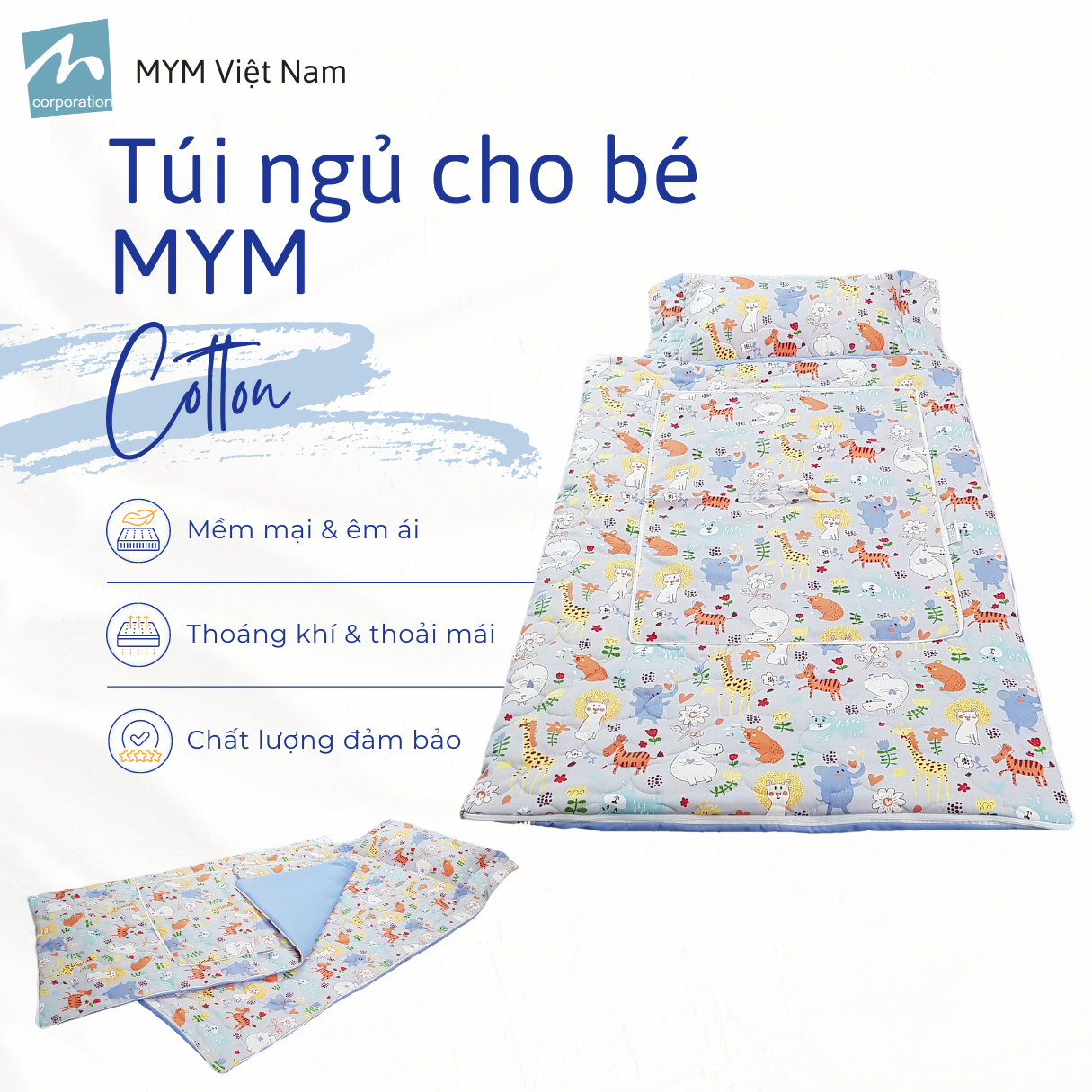 Túi ngủ cho bé MYM kích thước 70x150cm chất liệu vải Cotton mềm mại, thấm hút, êm ái