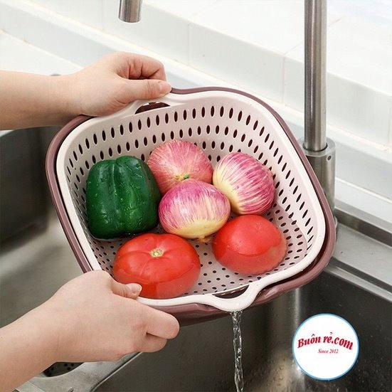 Bộ 3 rổ vuông 2 lớp Việt Nhật - Bộ rổ kèm chậu hứng nước rửa rau củ đựng hoa quả trái cây