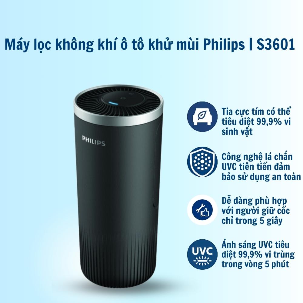 Máy lọc không khí ô tô khử mùi Philips dạng cốc trên xe hơi sử dụng tia UVC diệt khuẩn hiệu quả S3601 - Hàng nhập khẩu 