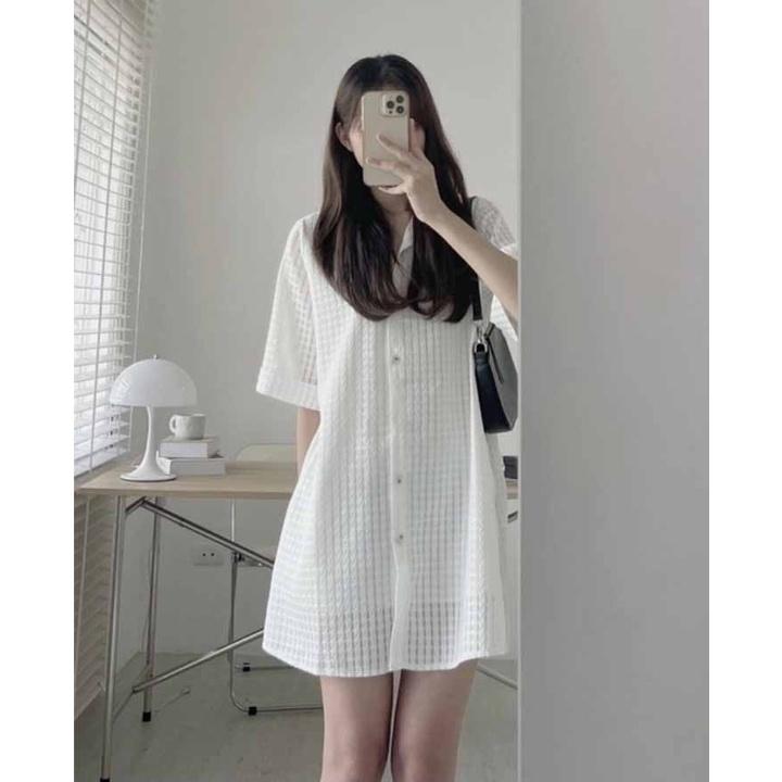Váy sơ mi kẻ xốp dáng ngắn tay lỡ form rộng kèm lót váy 2 dây, Đầm sơmi dáng suông tay ngắn họa tiết đan thừng Ulzzang