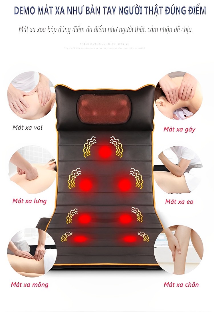 Nệm massage toàn thân,đệm massage toàn thân,thảm massage ,chất liệu da, rung đa điểm giúp massage lưng, vai, gáy - Có gối massage hồng ngoại