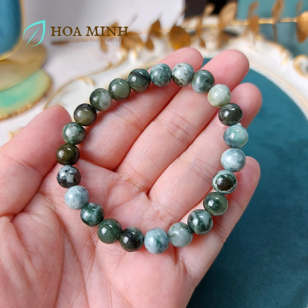 Vòng chuỗi tay đá Cẩm Thạch tự nhiên lên bông trơn size hạt 8 li rất đẹp không kén mệnh