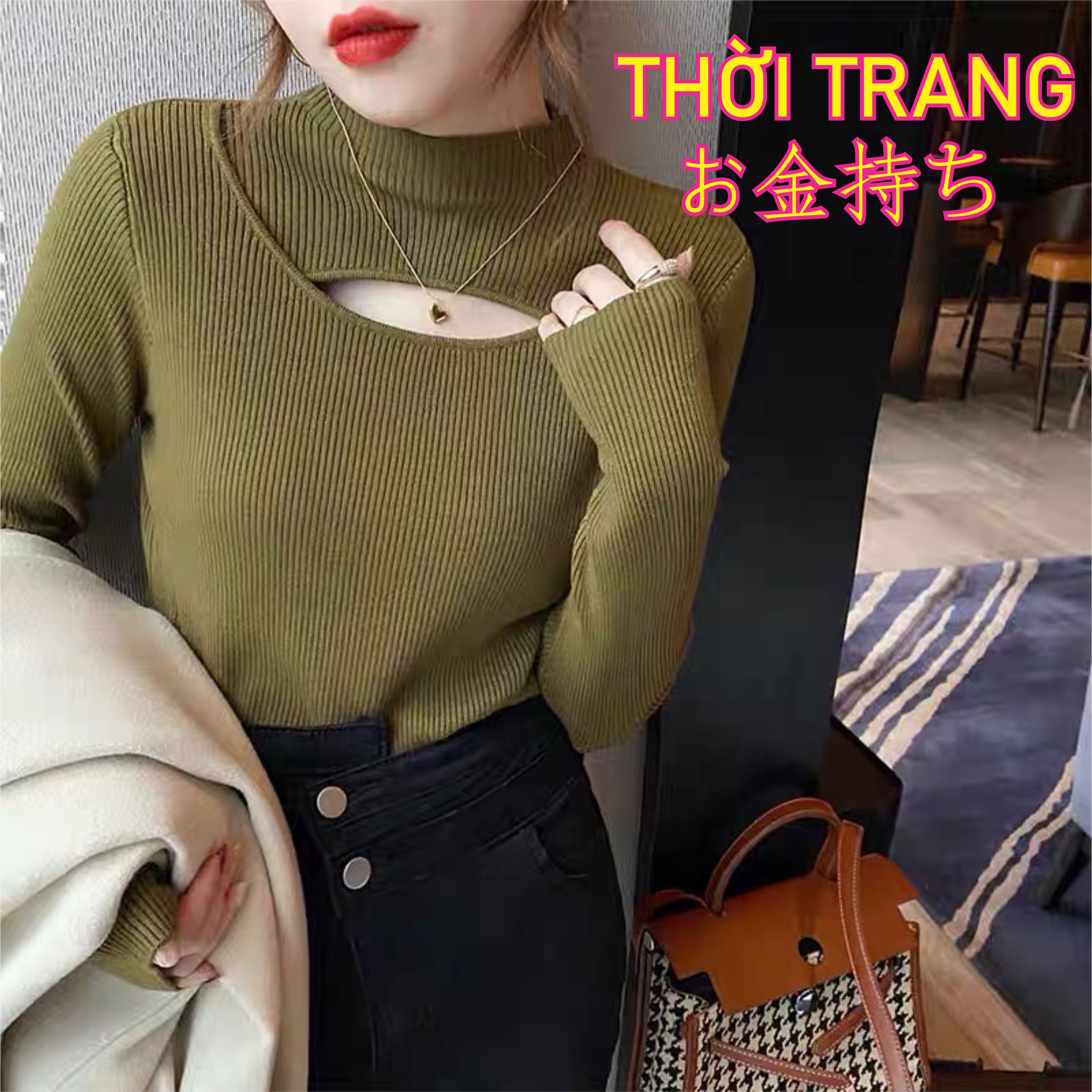 Áo len mỏng dài tay khoét ngực nữ tính cổ cao 3 phân 503