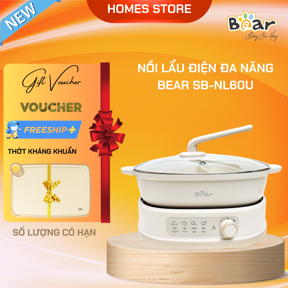 Nồi Điện Đa Năng, Nồi Lẩu Điện 2 Ngăn BEAR BEAR SB-NL60U Nhiều Chế Độ Nấu Lẩu Hầm Ninh Chiên Rán Xào Dung Tích 6 Lít Công Suất 1600 W - Hàng Chính Hãng