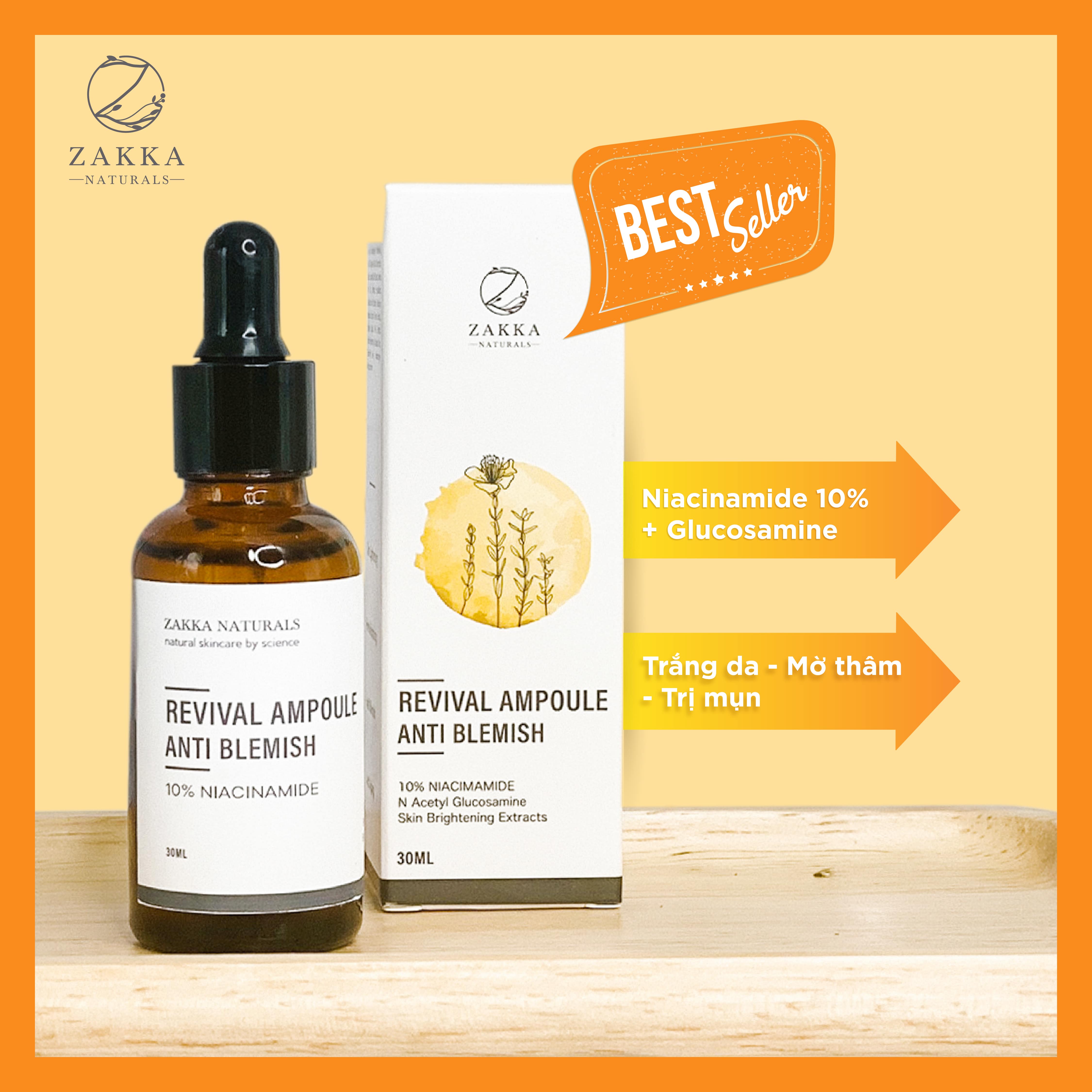 Serum Niacinamide Trắng Da, Giảm Thâm Mụn, Giảm Mụn, Cấp Nước, Giữ Ẩm, Chống Lão Hóa Phục Hồi Da Revival Ampoule Anti Blemish With 10% Niacinamide 30ml - Zakka Naturals