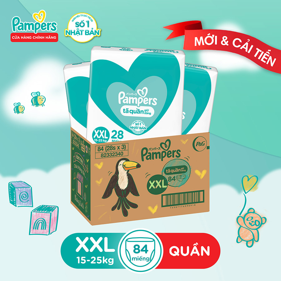 Thùng Tối Ưu Phí Vận Chuyển 3 Gói Tã Quần PAMPERS Giữ Dáng Size L(108 miếng, 9-14kg)/ XL (96 miếng, 12-17kg)/ XXL(84 miếng, 15-25kg), Chống Xệ