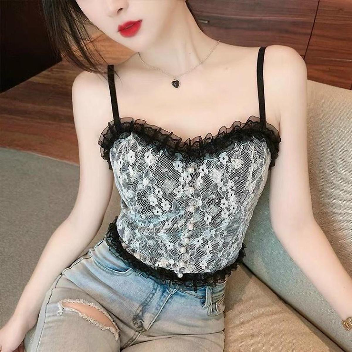 Áo 2 Dây Nữ Ren Hoa Tiểu Thư Đính Hạt Viền Bèo, Chun Sau Dáng Croptop Siêu Sang Chảnh Có Mút Ngực aloha