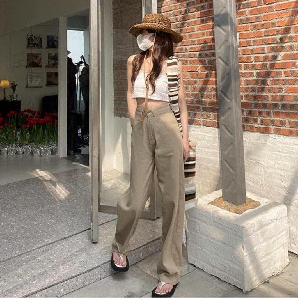 Quần Kaki Jean Nữ Ống Rộng Lưng Cao Dáng Suông Phong Cách Ulzzang Cực Chất Màu Nâu Tây (Nâu Nhạt) Trơn 522.6