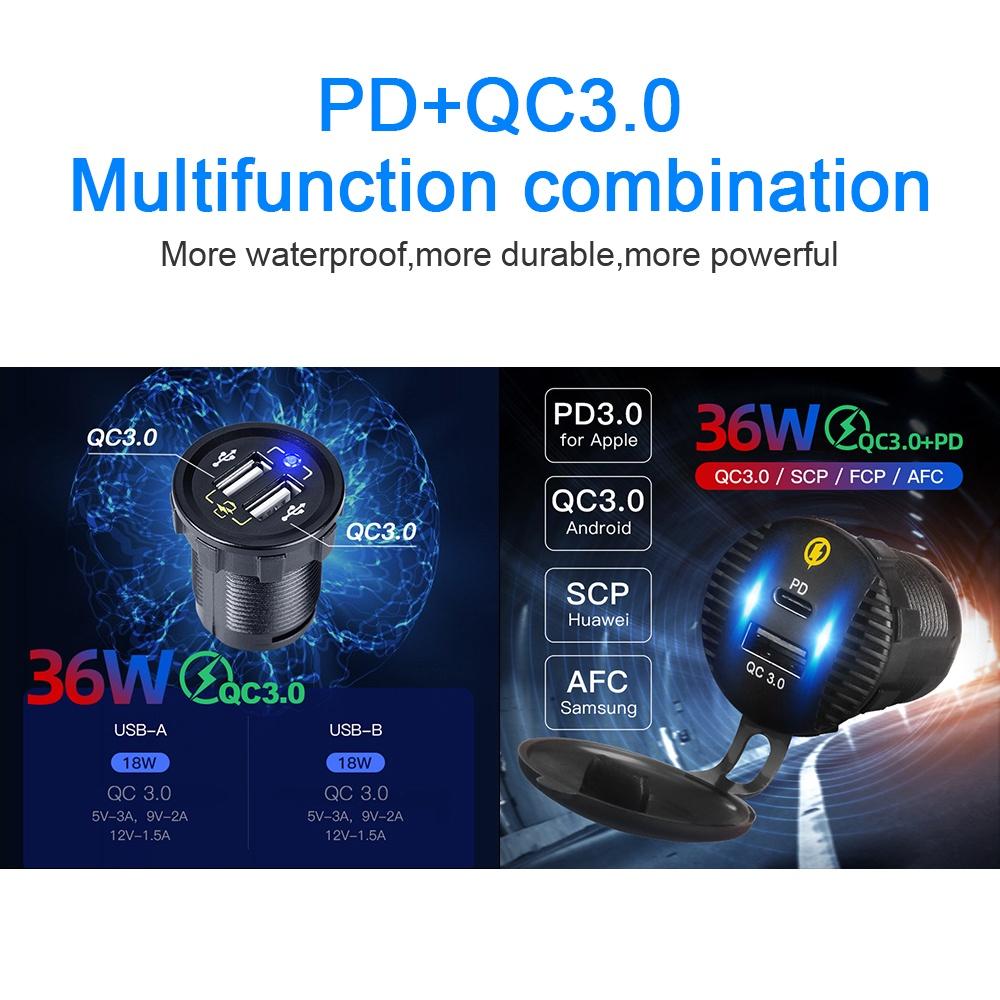 Bảng công tắc 4 cổng USB QC3.0 PD 12-24V 36W chống nước cho xe hơi