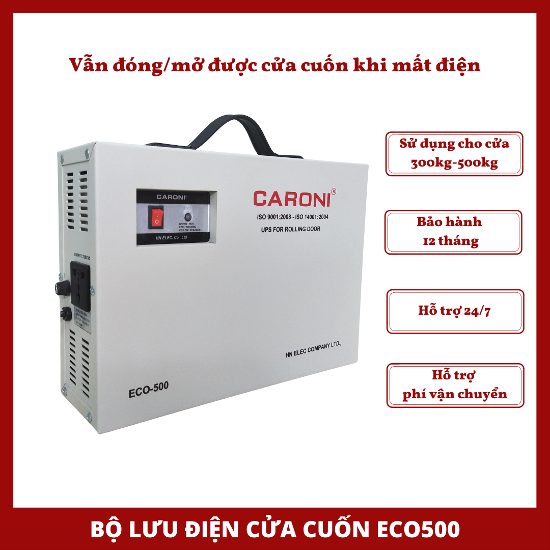 Bộ lưu điện cửa cuốn Caroni ECO500, Dùng cho motor 300kg-500kg, mới 100%, Bảo hành 12 tháng