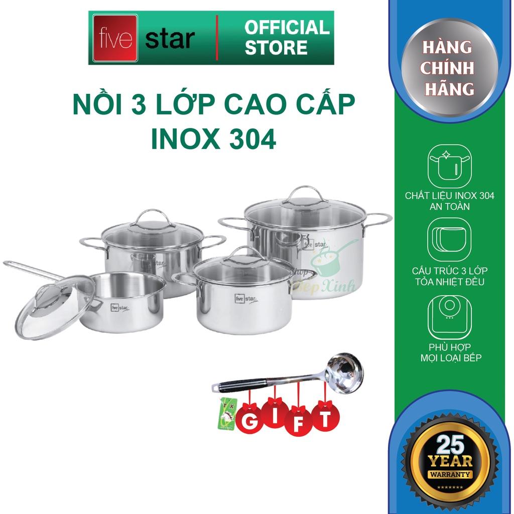 Bộ nồi 3 lớp đáy liền inox 304 cao cấp Fivestar Plus 4 món quai oval nắp kính , dùng được mọi bếp , tặng 1 vá canh