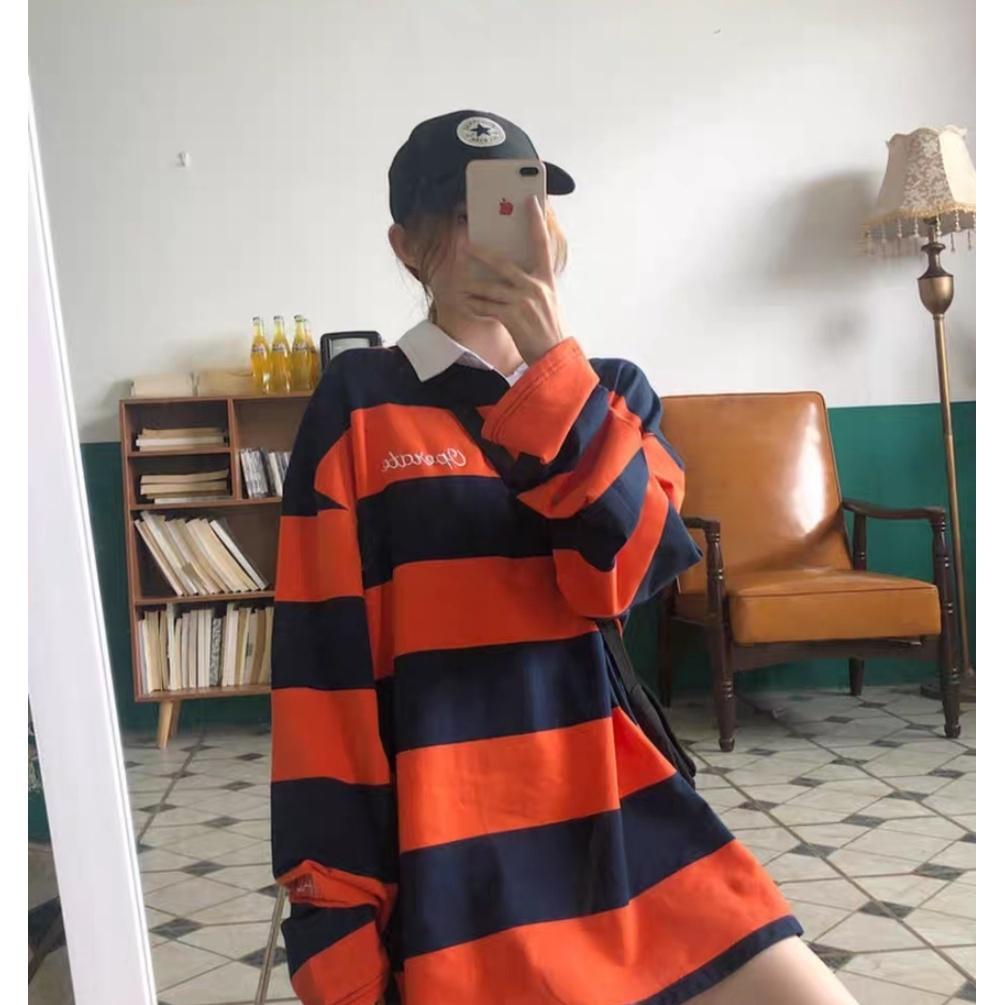 Áo polo kẻ dài tay MEANSTORE phông Unisex nam nữ tee oversize form rộng pull Ulzzang Hàn Quốc vải mềm 2727CJ