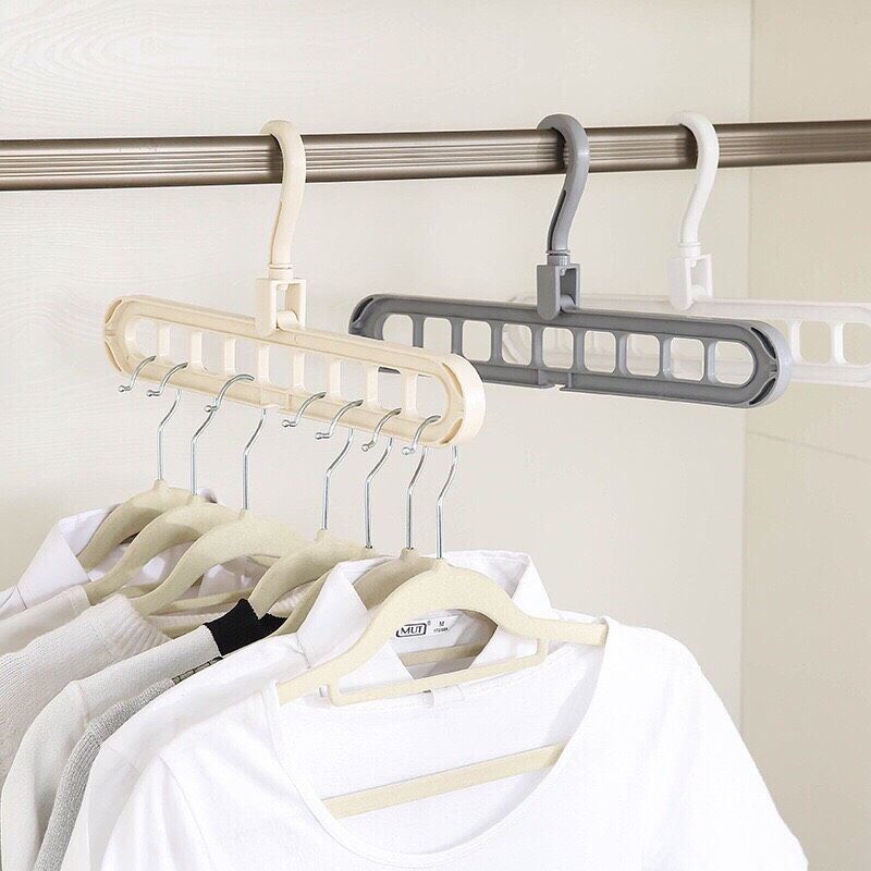 Combo 3 móc treo quần áo 9 lỗ đa năng màu trắng kem - gấp gọn tiện lợi - chiụ nặng tốt