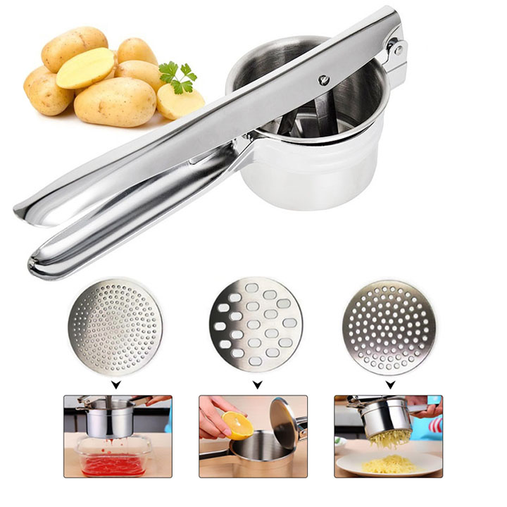 Dụng cụ Nghiền khoai tây, ép củ quả, làm bún mì 3 vỉ khuôn (Inox)